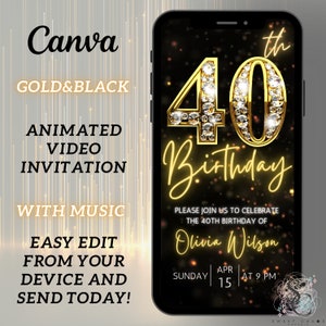 Digital 40th Birthday Party Video Invitation, 40th Glam Invite Ecard Animated Black Gold Silver Diamond Evite, Editable Itinerary with music