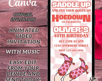 Convite para festa de aniversário Western Hoedown, prepare-se e calce suas botas, convite de aniversário de cowgirl para impressão, convite de botas retrô country
