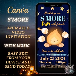 S'mores divertente invito video di compleanno invito campeggio in giardino S'mores falò bambini falò smore divertimento con gli amici carino cartone animato invito animato