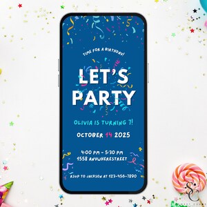Modèle de toile modifiable d'invitation de fête d'anniversaire d'enfants, conception amusante de fête, facile à personnaliser et à imprimer