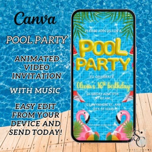 Pool Party Invitation. Digital Animated Tropical Beach Birthday Invite. For Teens, Kids, Adults. Boys or Girls Fun DIY Editable Template.