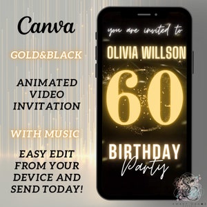 Animated 60th Birthday Video Invitation, Digitally 60th Birthday Party Invitation, With Music, Text Invitation, Electronic Editable Template