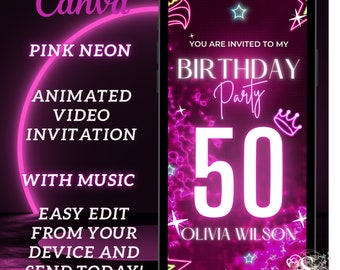 Personalized 50th Birthday Video Invitation Pink Black, Digital Editable Template, Animated Invite with Music