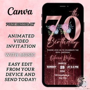 Digital 70th Birthday Invitation Template, Seventieth Rose Gold Floral Birthday Invite, Flower Text Birthday Digital Mobile Phone Evite