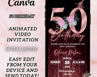 Digital 50th Birthday Invitation For Women, Editable 50th Invite Evite, Rose Gold Floral Fifty Party Invite For Her, Birthday Invite For Her