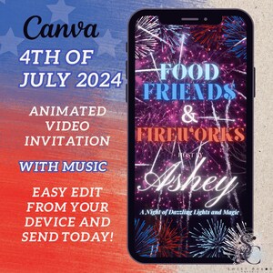 Plantilla editable de invitación para el 4 de julio, eVite digital para la fiesta del Día de la Independencia con comida neón animada, amigos y celebración de fuegos artificiales.
