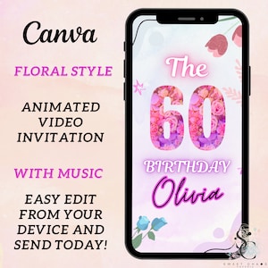 Animated 60th Birthday Video Invitation, Digitally Pink flowers Party Invitation, With Music, Text Invitation, Electronic Editable Template