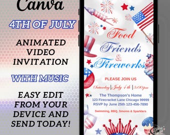 Editable 4th Of July BBQ Video Invitation Independence Day BBQ Barbeque Invitation July 4th BBQ Invite July Fourth Food Friend and Firework