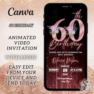Digital 60th Birthday Invitation For Women, 60 Invite Ecard, Rosegold flower BBQ Thirty Party Invite For Her, Self Editable Template