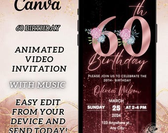Invito digitale per il 60° compleanno di una donna, invito elettronico per il 60° compleanno, invito per la festa del BBQ con fiori in oro rosa per lei, modello modificabile.