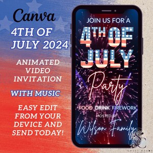 Digitale 4. Juli Einladung mit animiertem Feuerwerk, bearbeitbarem Unabhängigkeitstag BBQ & Lagerfeuerparty eVite DIY Feiereinladungsvorlage