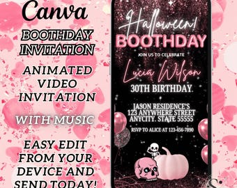 May include: A digital Halloween Boothday invitation on a smartphone screen. The design features a pink and black colour scheme with a skull, pumpkin, and spiderweb graphic. Text includes "Halloween Boothday" and "30th Birthday."