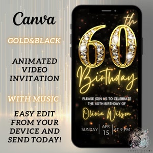 Animated 60th Birthday Video Invitation, Diamond Silver Gold Digitally Party Invitation, With Music, Text Invitation,Evite Editable Template