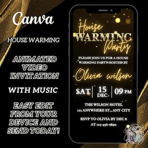 Digital Housewarming Party Invitation, Animated House Warming Invite For Women, Gold New Apartment Home Evite, Self Edit DIY Itinerary Ecard