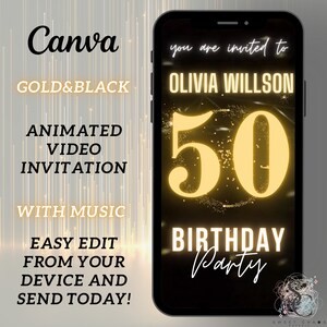 Faire-part vidéo animé personnalisé 50e anniversaire, doré et noir. Invitation numérique 50e anniversaire avec musique. Modèle électronique modifiable