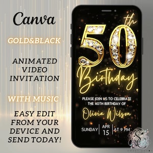 Convite digital em vídeo para festa de aniversário de 50 anos, cartão eletrônico de convite de luxo de 50 anos, Evite animado de cinquenta diamantes pretos dourados e prateados, modelo auto editável