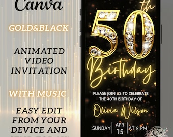 Digital 50th Birthday Party Video Invitation, 50th luxe Invite Ecard, Animated Fifty Black Gold Silver Diamond Evite, Self Editable Template