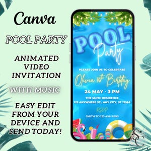 Blue Pool Party Birthday Video Invitation, Tropical Neon Summer Evite For Teens, Kids, Adults. DIY Canva Editable Template.
