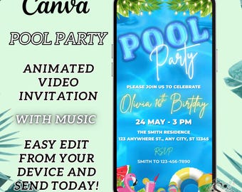 Blue Pool Party Birthday Video Invitation, Tropical Neon Summer Evite For Teens, Kids, Adults. DIY Canva Editable Template.