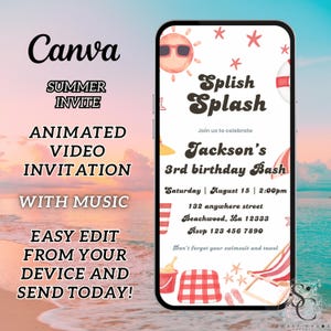 Editable Splish Splash Birthday Invitation Pool Party Birthday Invitation Girly Splash Pad Water Slide Paddling Pool Summer Party
