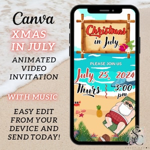Bewerkbare geanimeerde video-uitnodiging kerstmis in juli. Sjabloon voor uitnodiging strandkerstfeest zomerfeest. Tropisch plezier. Je bewerkt op canvas met muziek.