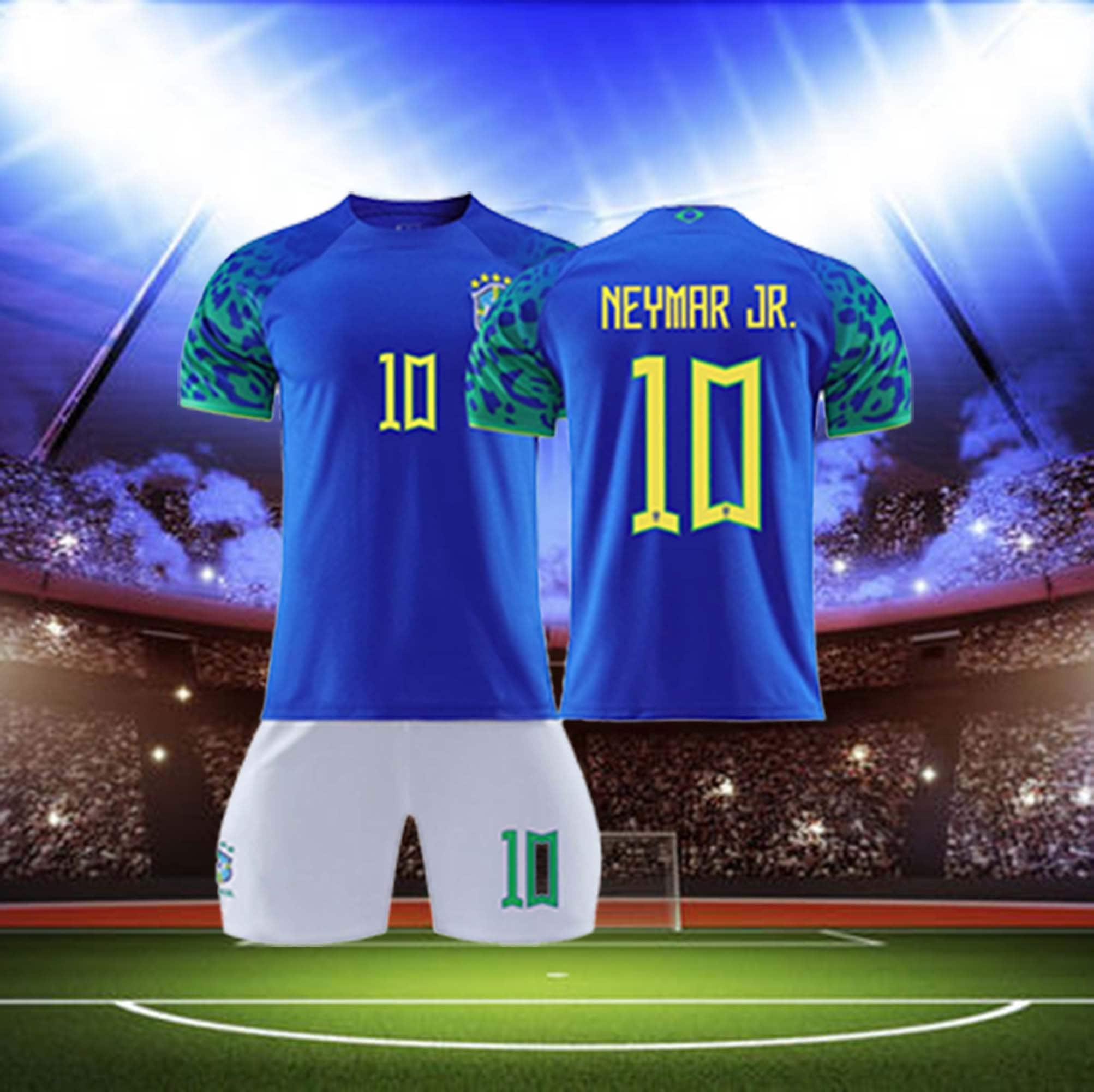 Kids Football Neymar Kits Soccer Jersey Training T-shirt Suit 21/22-Blue-18  (100-110cm) 