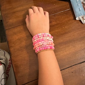 Bracelet - Bright 7" pink, blue, and yellow clay bead stretch bracelet with accompanying white pearl bead bracelet.