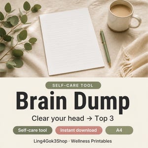 May include: A white lined paper sheet, a green pen, a ceramic mug with coffee, and eucalyptus branches. The text reads: SELF-CARE TOOL Brain Dump Clear your head -> Top 3 Self-care tool Instant download A4 Ling4Gok3Shop Wellness Printables.