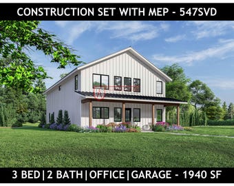 May include: A two-story house design with white vertical siding, a black metal roof, and a covered front porch with wooden posts. The text reads CONSTRUCTION SET WITH MEP - 547SVD and 3 BED | 2 BATH | OFFICE | GARAGE - 1940 SF. Black window frames.