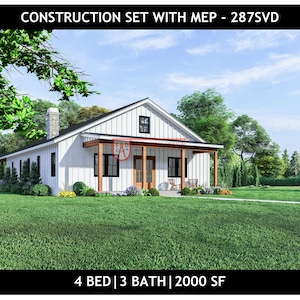 40x50 Barndominium Plan – 4 Bedroom 3 Bath with Porch – #287SVD Instant PDF