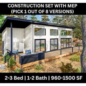 960 SF Barndominium Cabin ADU - volledige setversies - tekeningblauwdrukken