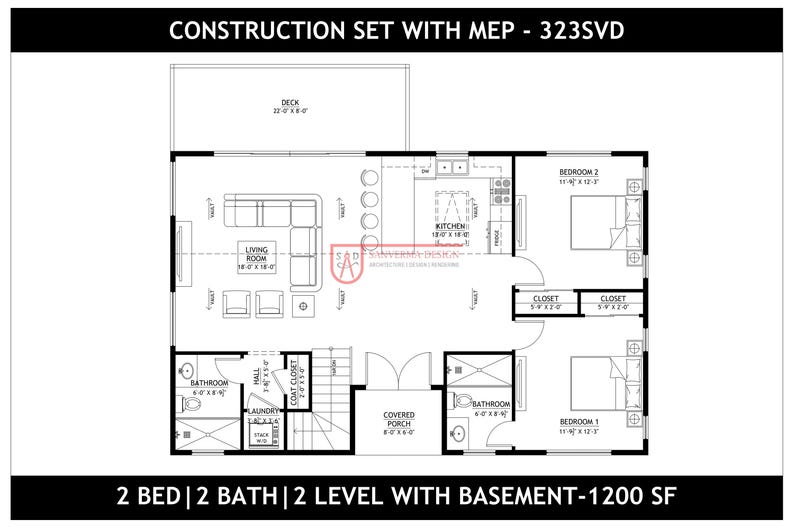 Modern 2 Bedroom House Plan | 1200 Sq Ft With Walkout Basement (PDF ...