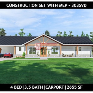 4 Bedroom Barndominium Floor Plan | 3.5 Bath | 2 Car Carport - 2655Sq Ft Drawing  Blueprints #303SVD