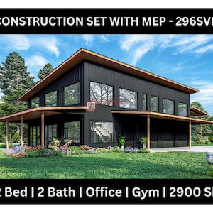 2 Bedroom Barndominium Floor Plan | 2 Bath | Office | Gym | 3 Car Garage - 2900 Sq Ft Drawing  Blueprints #296SVD