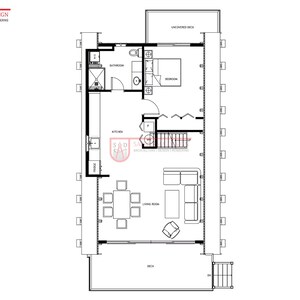 May include: A black and white architectural floor plan by Sanverma Design showing a residential layout with a living room, dining area, kitchen, bedroom, bathroom, and an uncovered deck. The drawing includes labels for each room and a staircase.