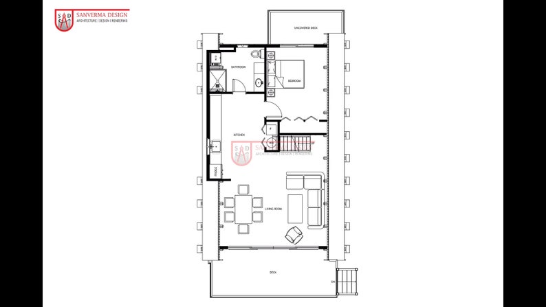 May include: A black and white architectural floor plan by Sanverma Design showing a residential layout with a living room, dining area, kitchen, bedroom, bathroom, and an uncovered deck. The drawing includes labels for each room and a staircase.