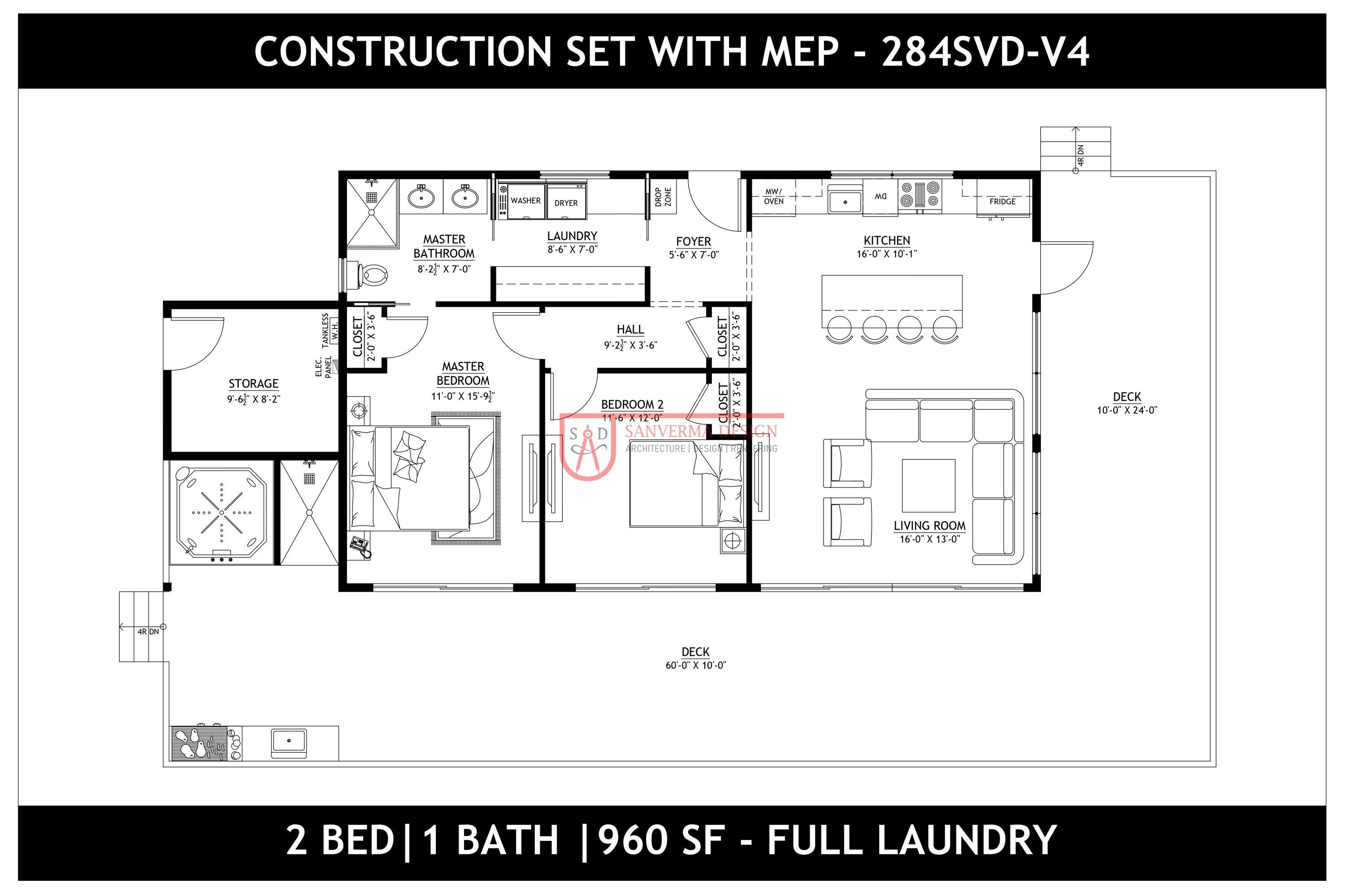 960 SF バーンドミニウムキャビン ADU - フルセットバージョン - 図面