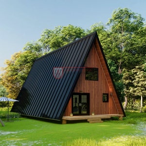 May include: An A-frame cabin featuring a dark black metal roof and vertical wood siding. The structure includes a front wooden deck, black-framed glass double doors, and two square windows. A wooden swing set stands on the grass nearby.