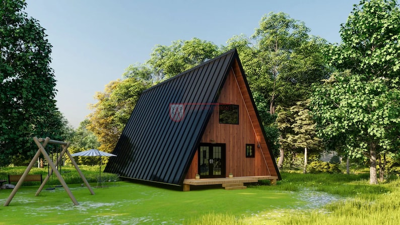 May include: An A-frame cabin featuring a dark black metal roof and vertical wood siding. The structure includes a front wooden deck, black-framed glass double doors, and two square windows. A wooden swing set stands on the grass nearby.