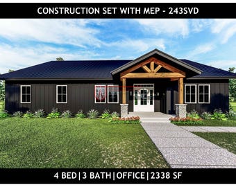 Planta baixa de um Barndominium com 4 quartos e escritório | 3 banheiros | Desenhos técnicos | PDF instantâneo | 243SVD