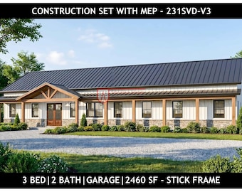 Plano de casa tipo granero / 3 habitaciones con garaje / PDF instantáneo / 231SVD-V3