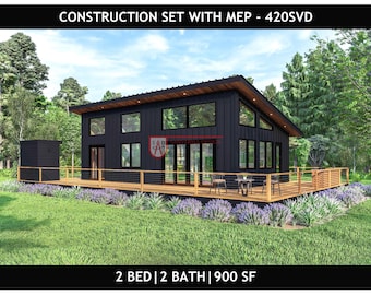 900 SF Barndominium Cabin ADU | 2 Bed | 2 Bath- Drawing Blueprints | 420SVD