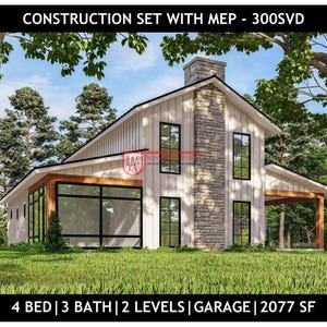 4 Bedroom Barndominium Floor Plan | 3 Bath | 3 Car Garage - 2077Sq Ft Drawing  Blueprints #300SVD