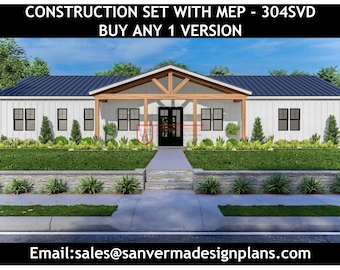 4 Bedroom Barndominium Floor Plan | 3 Bath | 2-Car Garage | Customizable House Plan # 304SVD Versions