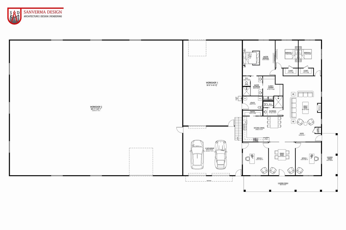 3 Bedroom Barndominium House 168'W X 78' D 3 Bedroom 2.5 Bath Garage