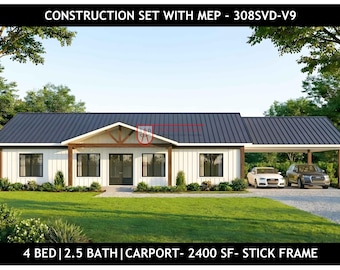 40X60 Barndominium Floor Plan - 4 Bed | 2.5 Bath | Carport | Instant PDF | 308SVD-V9
