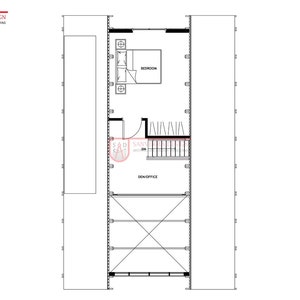May include: A black and white architectural floor plan by Sanverma Design showing a rectangular layout with a bedroom containing a bed and two nightstands, a central staircase, a closet, and a den or office space with a large window area.