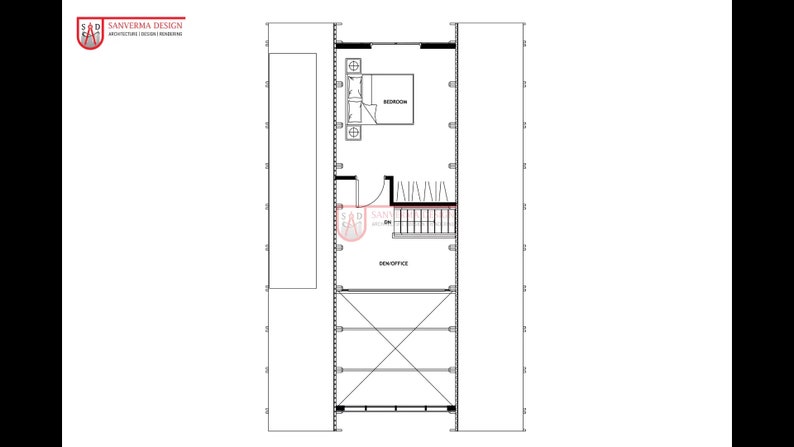 May include: A black and white architectural floor plan by Sanverma Design showing a rectangular layout with a bedroom containing a bed and two nightstands, a central staircase, a closet, and a den or office space with a large window area.