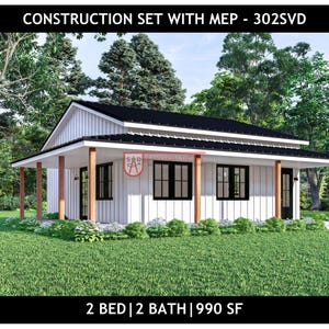 2 Bedroom Barndominium Floor Plan | 2 Bathroom -Drawings Blueprints 1000 SF #302SVD