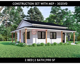 May include: A white house with vertical siding, a black metal roof, and a covered porch supported by wooden posts. The house features black-framed windows and doors. Text at the top reads CONSTRUCTION SET WITH MEP - 302SVD and at the bottom 2 BED | 2 BATH | 990 SF.